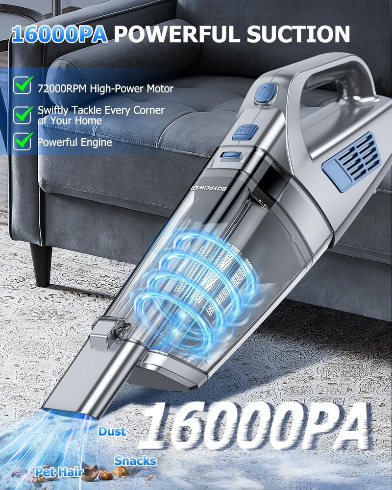 BQYPOWER Handheld Vacuum Cordless, 16000PA Strong Suction Hand Held Vacuum Dust Busters Cordless Rechargeable with Multiple Accessories, Portable Car Vacuum Cleaner High Power for Car Home Office - Image 2